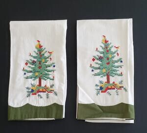 Vtg Lillian Vernon Tea Towels Hand Cross Stitched Christmas Tree Set of 2 Cotton